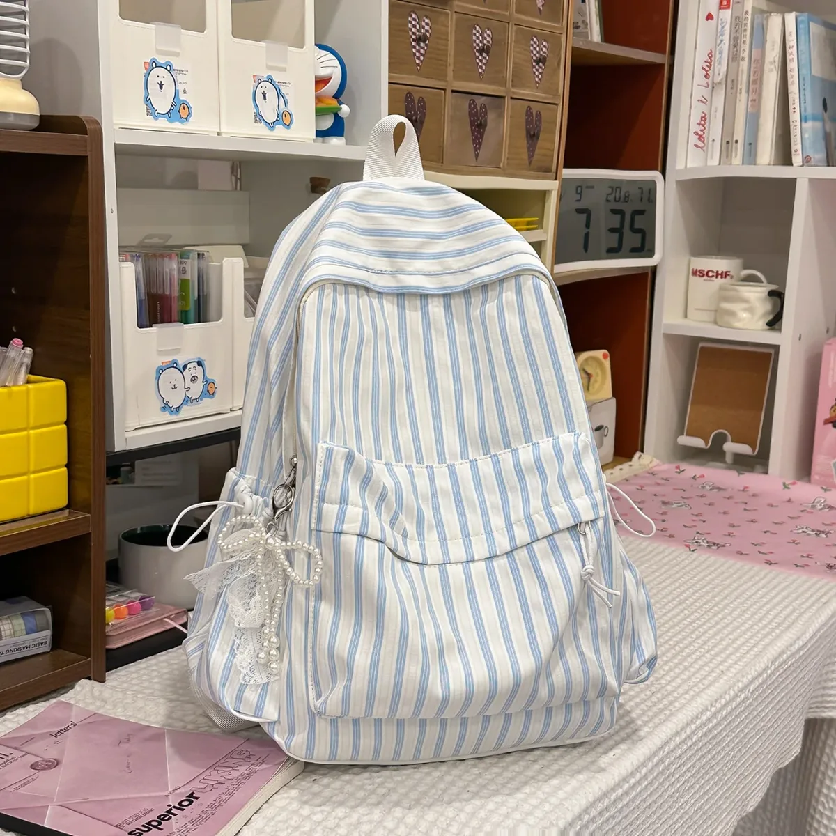 nouveau style japonais, sac à dos décontracté à rayures, grande capacité, pour collégiennes, idéal pour les voyages, sac à dos à double bandoulière pour filles 2026