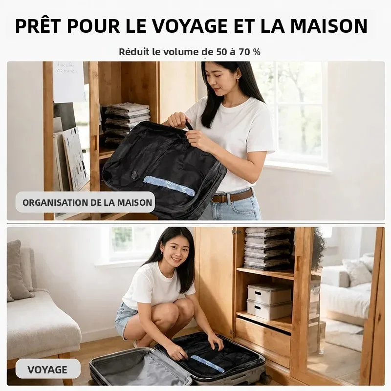sac compression polyester noir bandes grises vide voyage rangement grande capacité utilisation famille camping