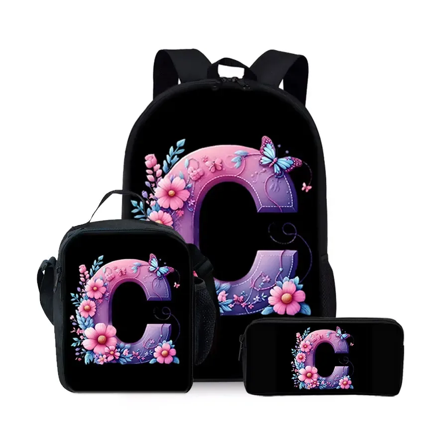 nouvel ensemble de sacs à dos trois pièces à motif alphabet anglais pour garçons et filles – meilleurs cadeaux – sac à dos scolaire plat 2d dessin animé pour enfants