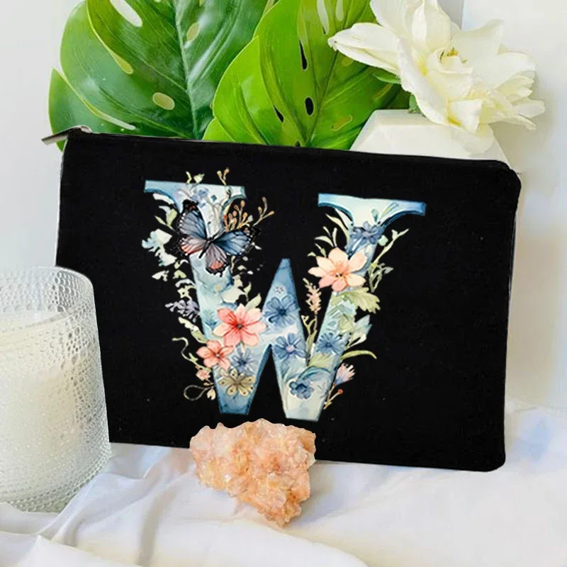 trousse toilette toile noire initiale fleurs maquillage femmes voyage sac cosmétiques intérieur uni poignée glissière