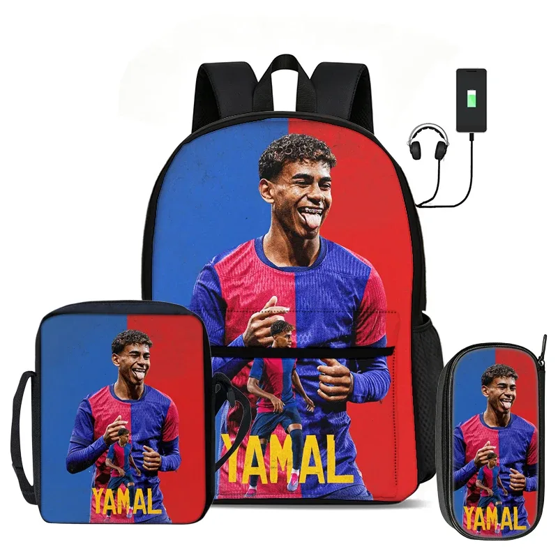 l-lamin yamal ensemble de 3 pièces : sac à dos, sac à bandoulière, trousse à crayons, sac à dos de sport pour enfants, motif star de football