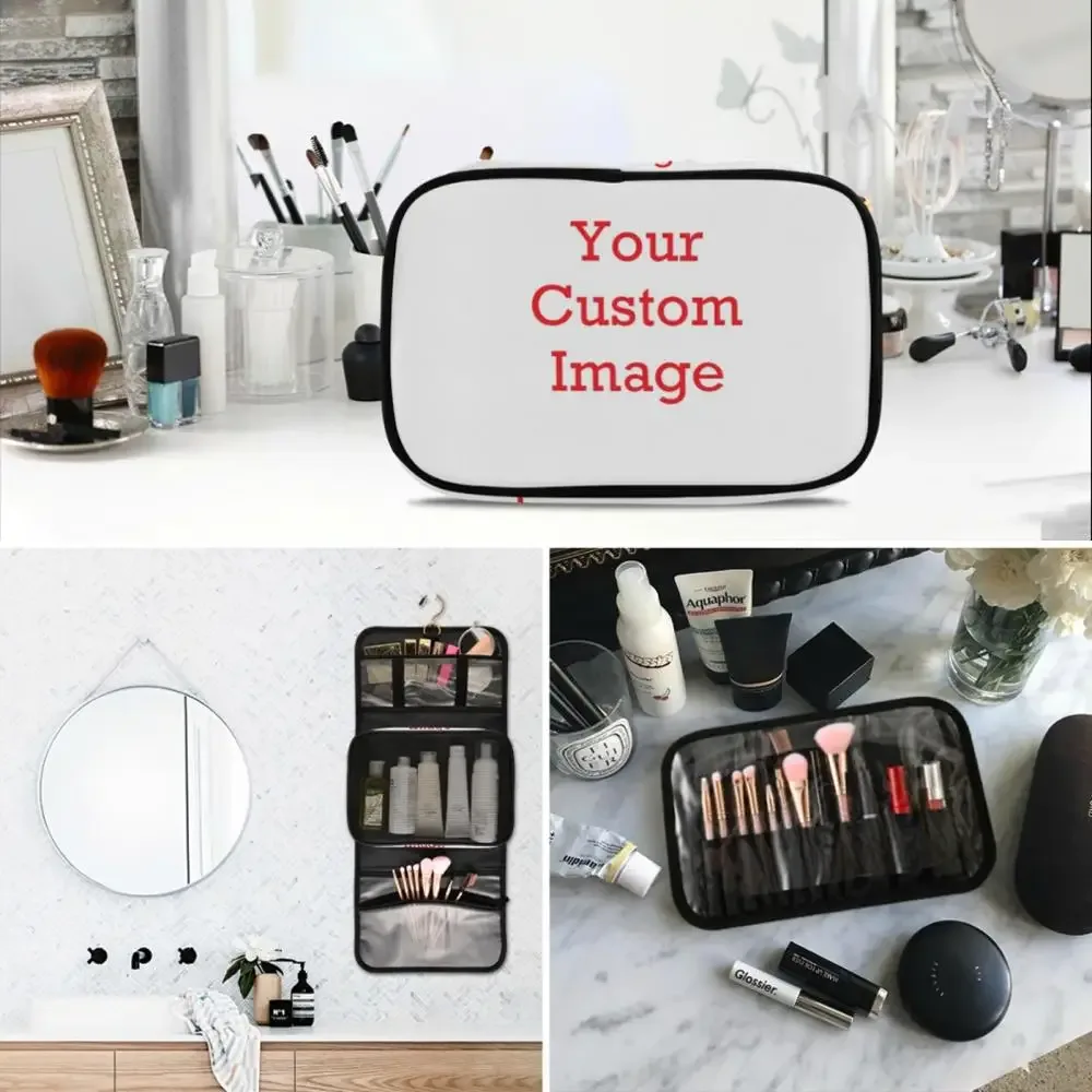 trousse toilette cosmétique oxford patchwork blanc noir poignée transparente poches élastiques maquillage femmes voyage