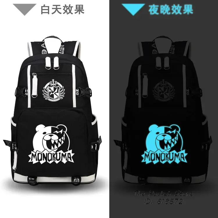 sac dos toile oxford noire dessin animé monokuma couronne ailes capacité 20 35 litres port usb bandes renfort blancs