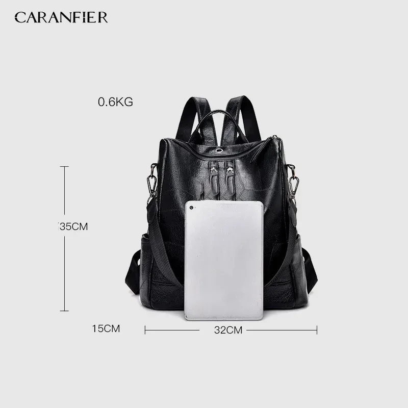 Sac Dos Cuir Noir Polyester Poche Intérieure Zippée Bandoulière Arquée Fermeture Éclair Style Vintage Usage École Adolescente