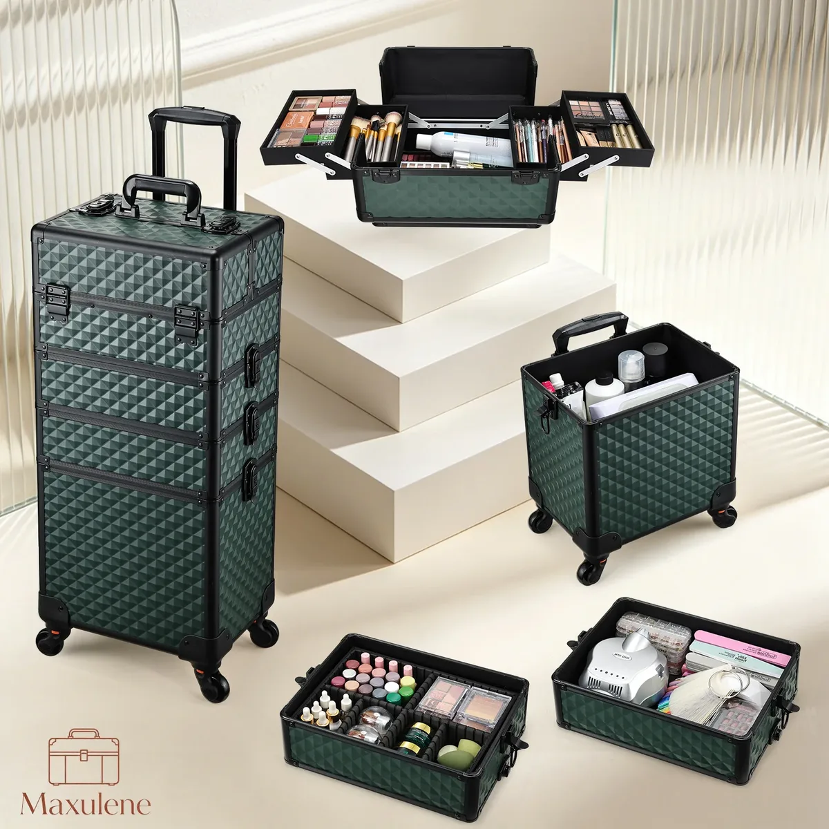 Valise de Maquillage Professionnelle 4-en-1 sur Roulettes, Trolley de Cosmétologie, Mallette de Maquillage à Roulettes, Boîte à Cosmétiques Amovible, Valise de Voyage pour Maquillage avec Rangement pour Clés, Chariot de Voyage, Chariot à Maquillage sur Roulettes, Coffre de Rangement Extra Large pour Maquillage, Ongles et Coiffure, Mallette Rigide pour Maquillage