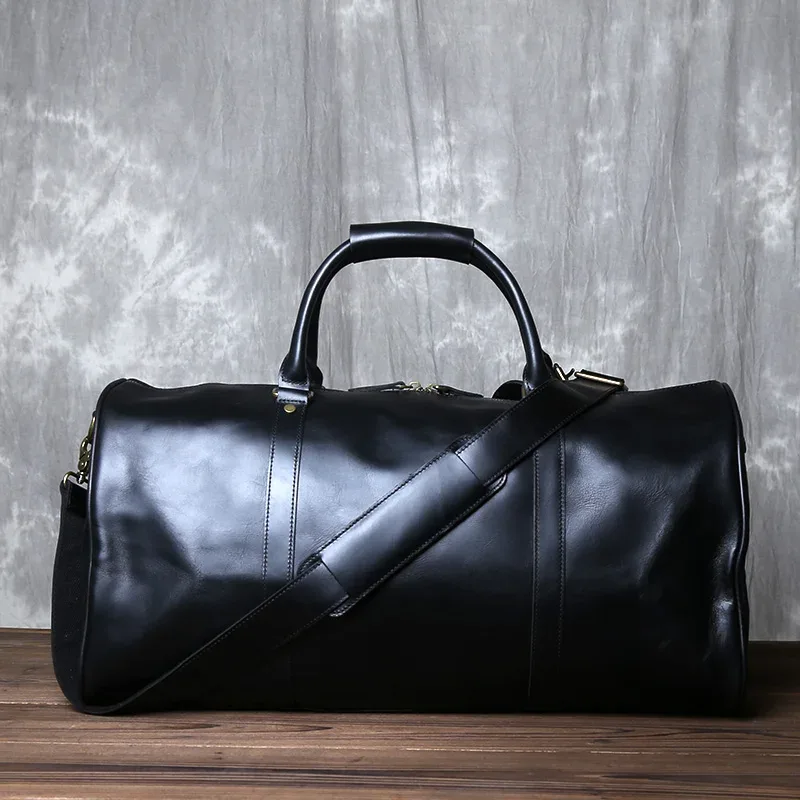 sac de voyage vintage en cuir véritable pour hommes, grande capacité, bandoulière horizontale en cuir de cheval fou, valise portable