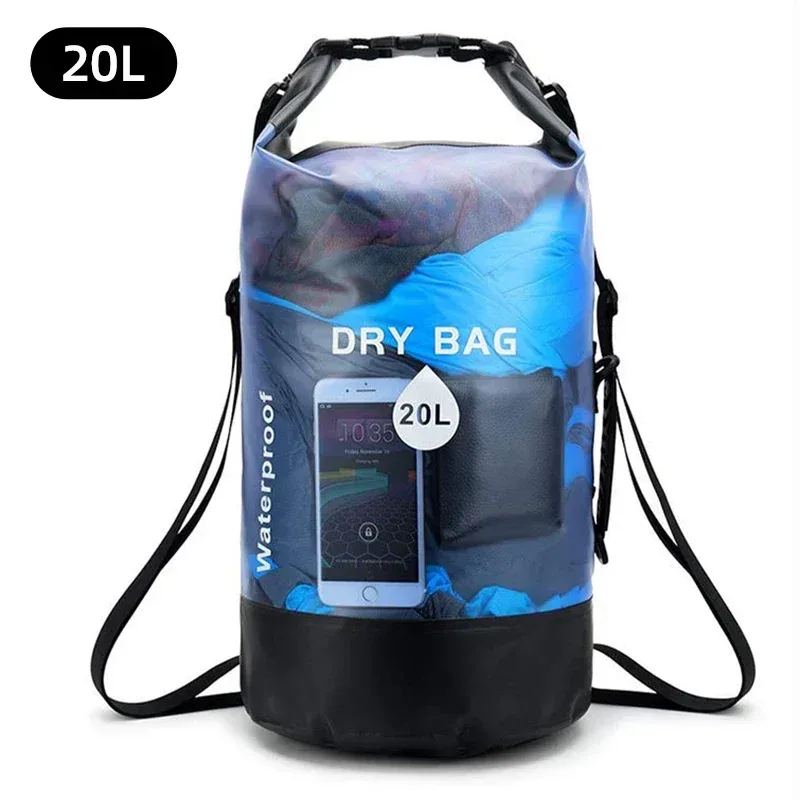 organisateur voyage sac étanche pvc transparent motif bleu poignée noire sangle ajustable trekking kayak rafting canotage
