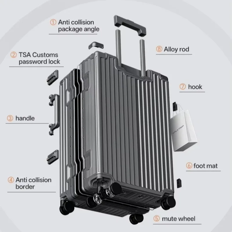 nouvelle valise de luxe 2026 en pc rigide avec cadre en aluminium, serrure tsa, bagage à roulettes pour femme, tailles 20/24/26/28 pouces