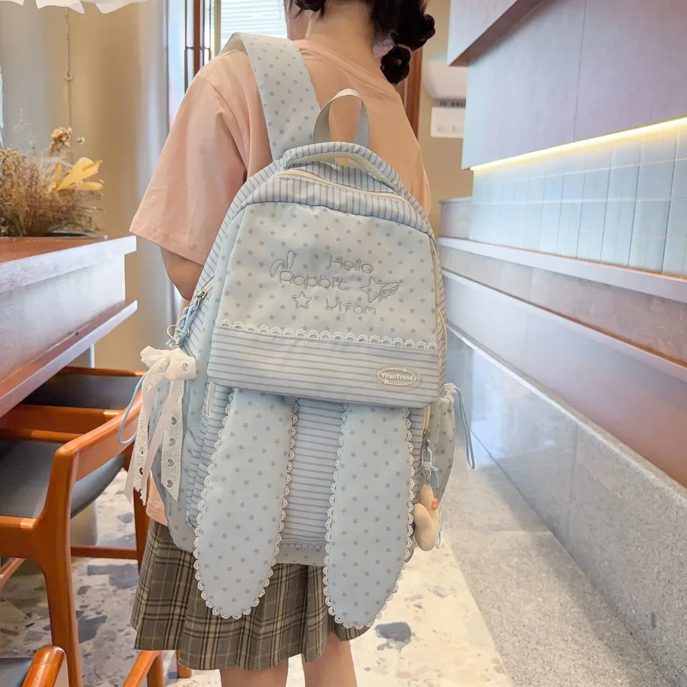 sac à dos tendance pour femme à motif pois avec oreilles de lapin, grande capacité, idéal pour les étudiants et les trajets quotidiens