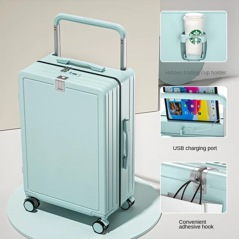 valise multifonctionnelle à roulettes avec poignée large, fermeture éclair, porte-gobelet, port usb, 20 pouces, bagage à main pour voyage