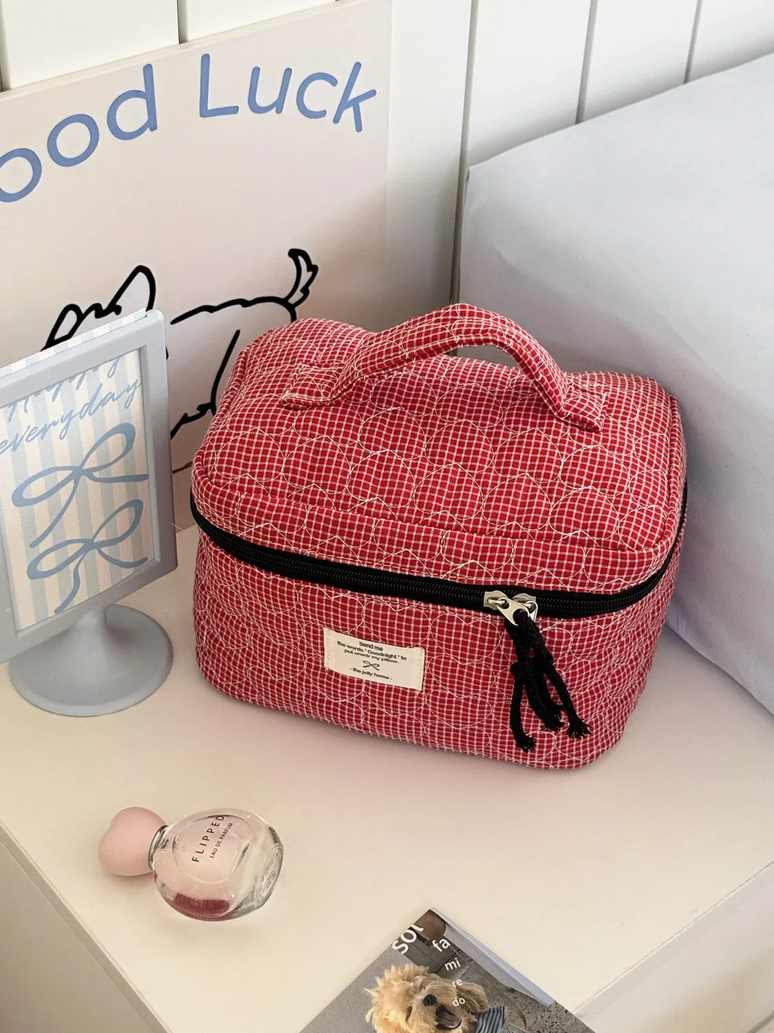 sacs à cosmétiques matelassés à carreaux en forme de cœur pour femmes, trousse de maquillage de grande capacité, sac de rangement de voyage pour dames, sac à main décontracté pour filles, pochette