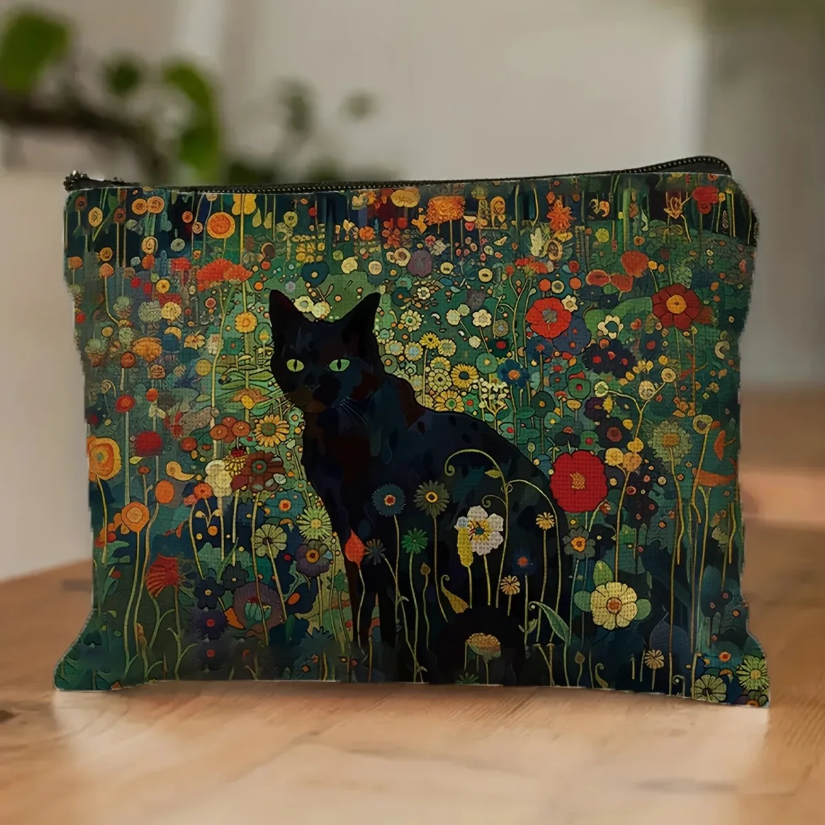 trousse de maquillage florale chat noir, grande capacité, cadeau d'halloween pour femmes, sacs à cosmétiques, pochette à fermeture éclair, trousse à crayons rétro, cadeaux de noël