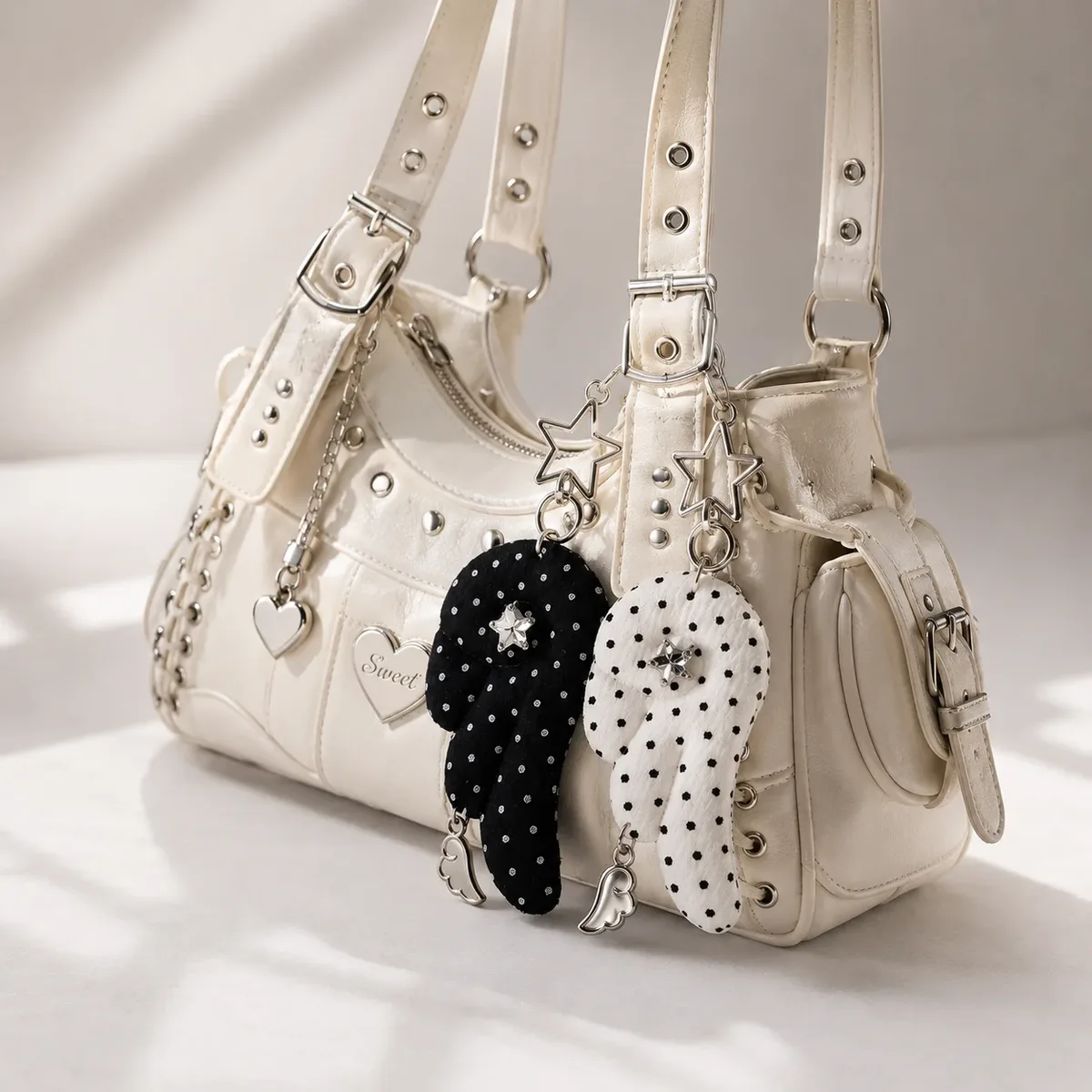 cadenas serrure tsa pochette cuir noir détails métal argent ailes tissu blanc noir pois coeur étoile metallique chaînes