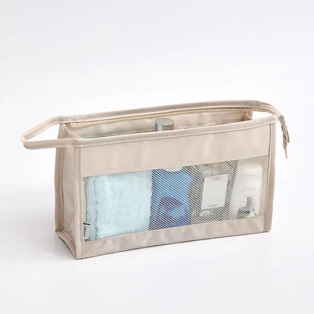 sac de voyage léger et respirant en maille pour femme, trousse de toilette portable transparente pour maquillage et soins de la peau