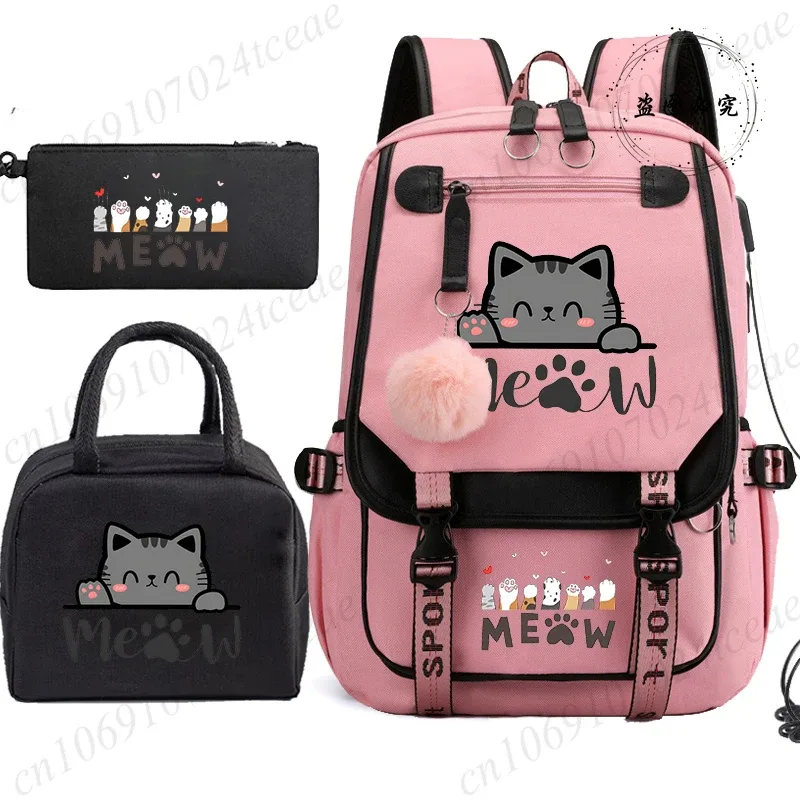 sac à dos scolaire pour adolescents, sac à dos quotidien pour étudiants, sac à dos pour filles, sac à dos scolaire à motif de chat noir, avec sac à lunch et trousse à crayons, 3 pièces/ensemble