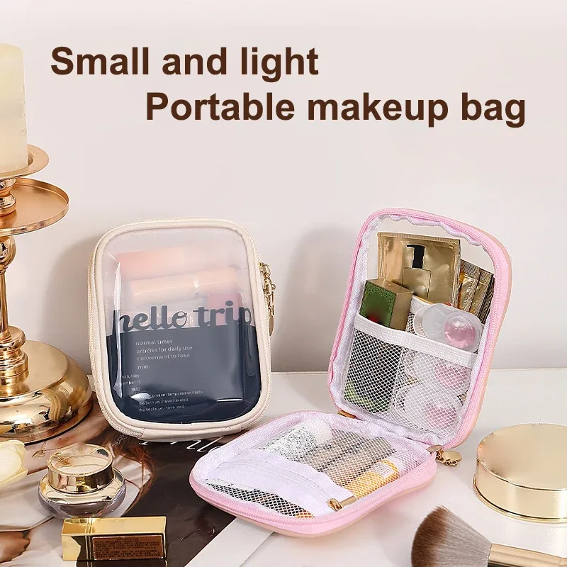 Sac de voyage transparent en PVC pour cosmétiques, mini sac portable étanche pour rouges à lèvres, grande ouverture avec fermeture éclair, pochette extérieure