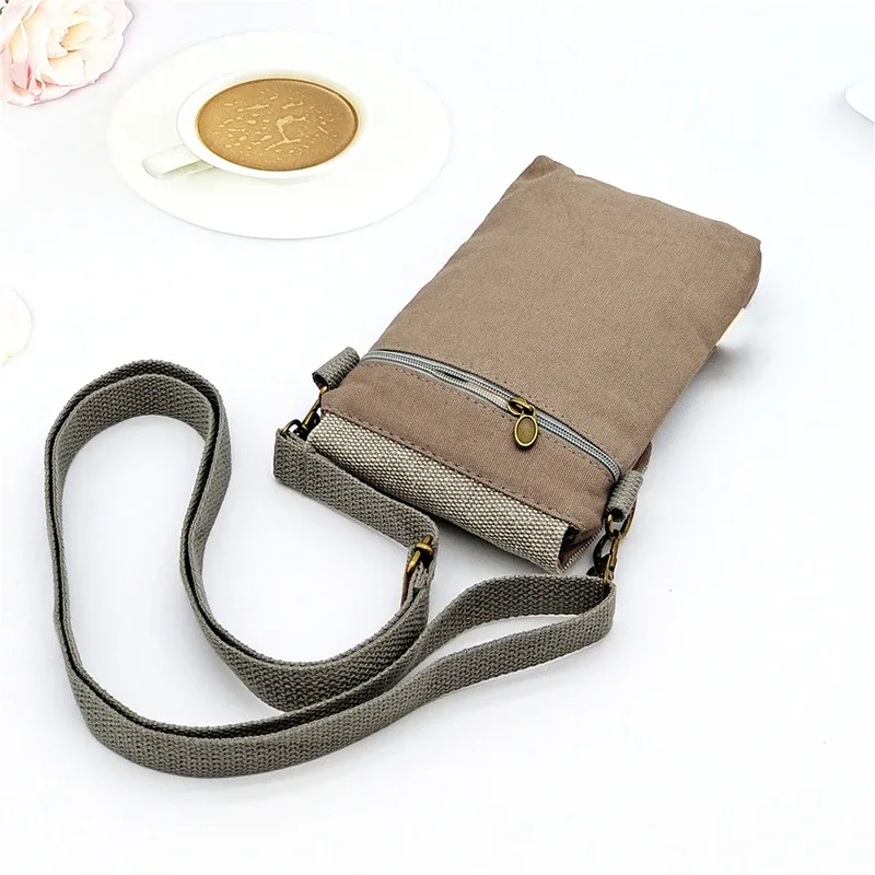 sac à bandoulière en toile de couleur unie pour téléphone portable, sac en tissu simple pour femmes, sacoche à la mode, porte-monnaie à bandoulière