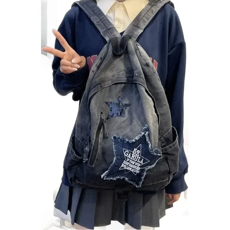y2k coréen décontracté denim sac à dos mode étoile modèle grande capacité étudiant cartable adolescents vintage punk voyage livre sac