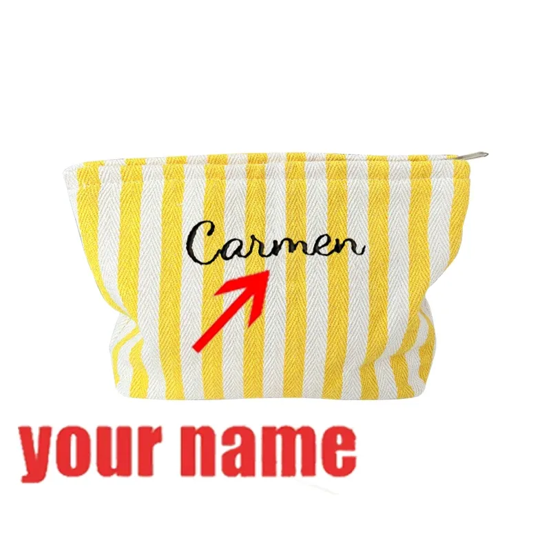 sac de maquillage coloré brodé personnalisé avec monogramme pour femme, pochette de toilette rayée pastel, cadeau evjf pour la douche nuptiale