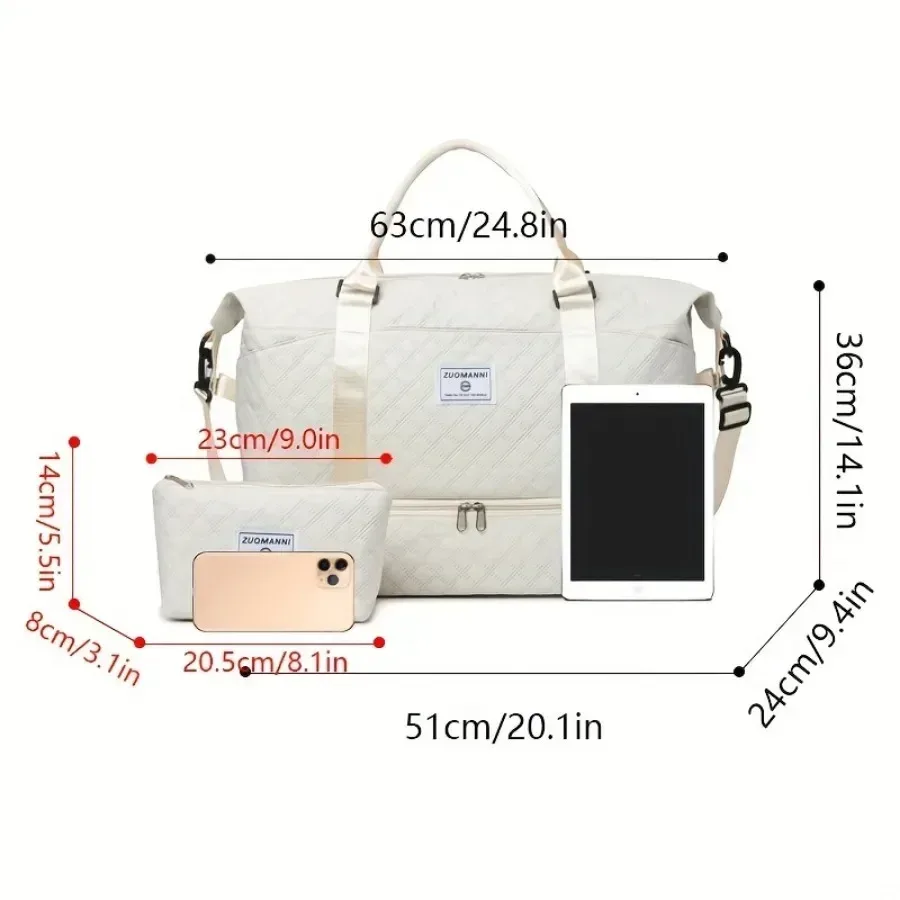 sac voyage nylon motif géométrique relief beige grande capacité bandoulière pochette cosmétiques transport week end