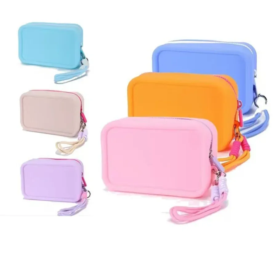 Sac de rangement en silicone pour cosmétiques avec cordon de poignet tressé, sacs à cosmétiques portables avec cordon, sacs à cosmétiques étanches à fermeture éclair, sac à rouge à lèvres