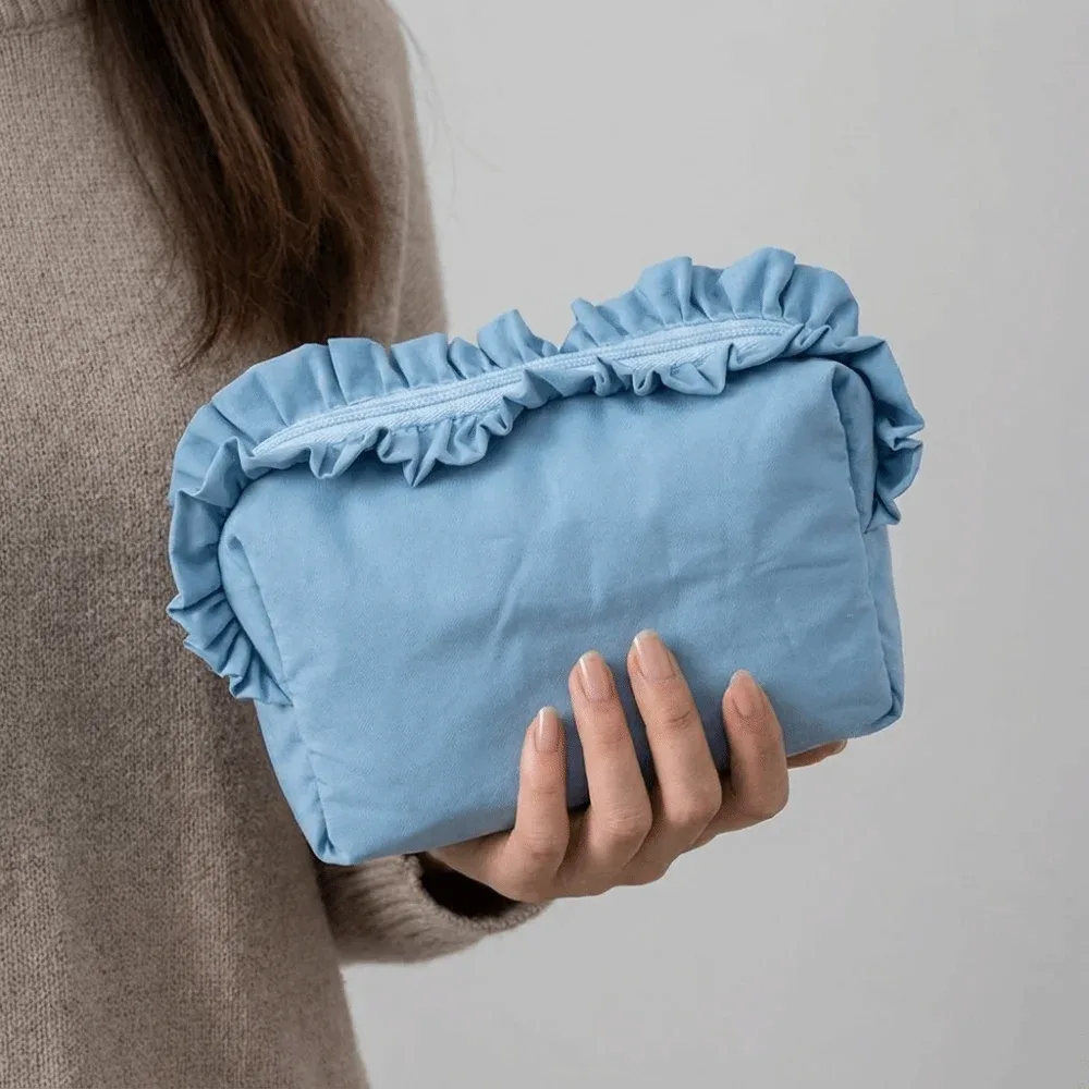 trousse de maquillage unie à volants grande capacité avec fermeture éclair, étui cosmétique en nylon, trousse à crayons, organisateur de toilette pour femme