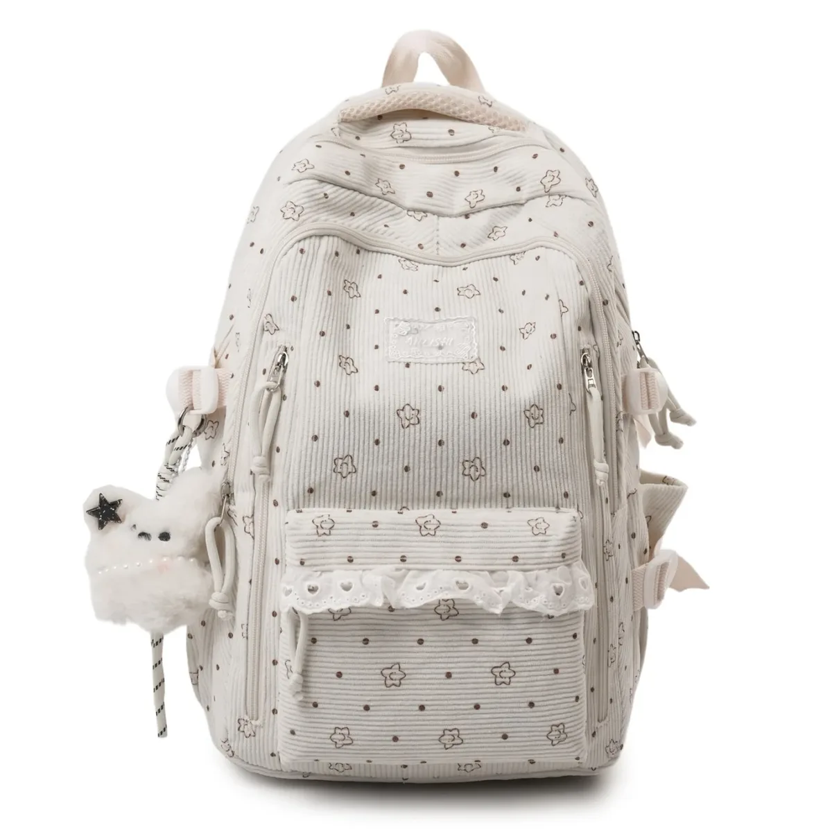 sac à dos décontracté en velours côtelé gris pour femme, motif étoile, breloque ours en peluche, multi-poches, sangle réglable, pour usage quotidien et scolaire 2026