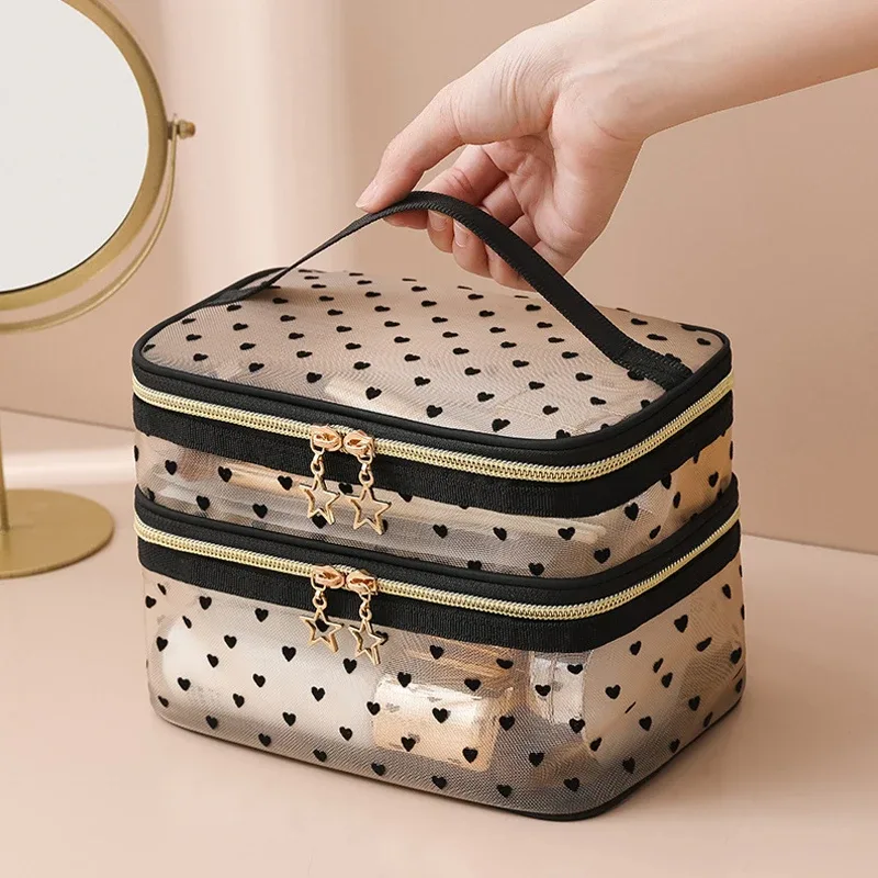 trousse de maquillage en maille de grande capacité, essentiels de voyage, trousse de toilette pour cosmétiques, design à double couche