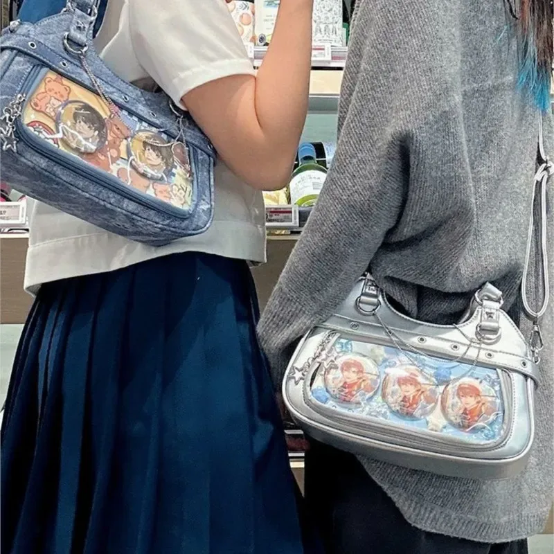 jiaerdi harajuku star ita sac femmes double sangle réglable en cuir transparent fourre-tout sac à main sous-culture quotidien polyvalent sac à bandoulière y2k