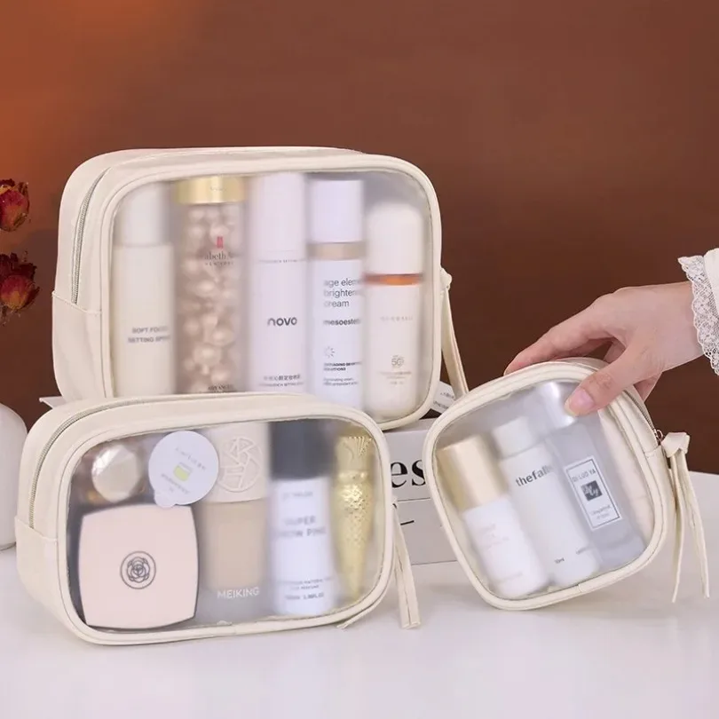 ensemble de trousses de maquillage semi-transparentes de luxe, 3 pièces, grande capacité, organiseur de cosmétiques de voyage, pochette de rangement portable pour femmes