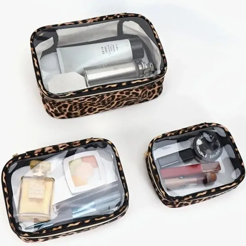 trousse de maquillage léopard imperméable grande capacité, 1/3 pièces, unisexe, transparente, pour voyage, organiseur de cosmétiques, trousse de toilette portable à fermeture éclair