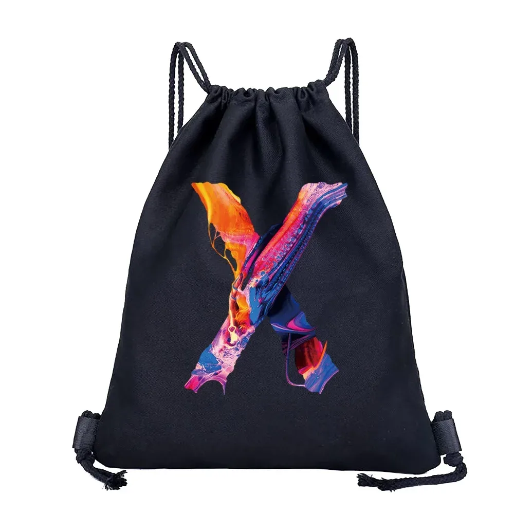 sac dos lin noir motif multicolore compact pliable cordon serrage poignées souple grande capacité sports plein air harajuku polyvalent