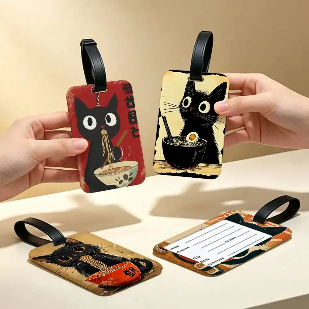 chat japonais mangeant des nouilles, étui pour carte d'information en toile imperméable, étiquette de bagage en pvc, identifiant anti-perte pour valise et sac à main