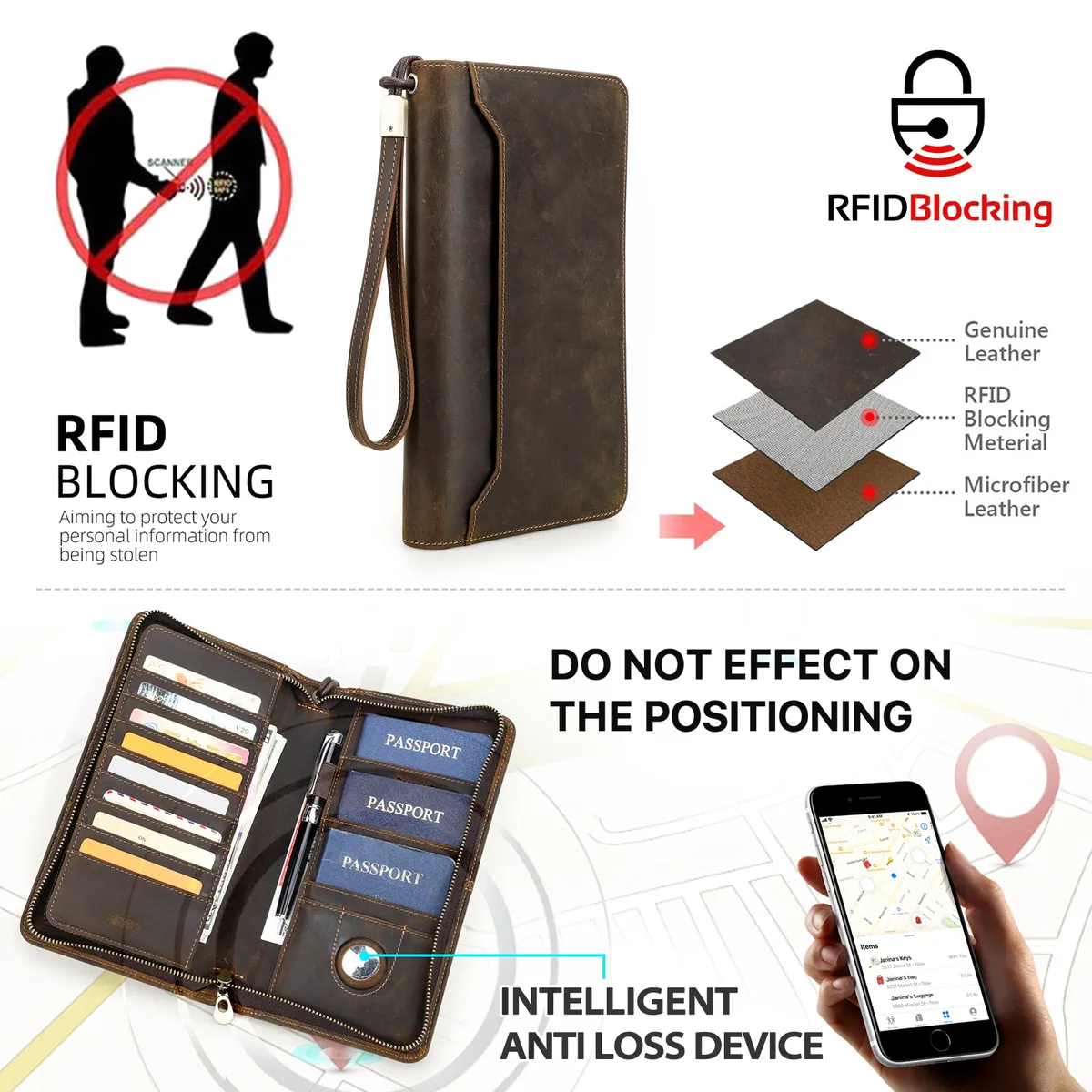 porte-passeport familial en cuir véritable contact's avec emplacement airtag, porte-stylo, pochette à monnaie, portefeuille de voyage et de passeports