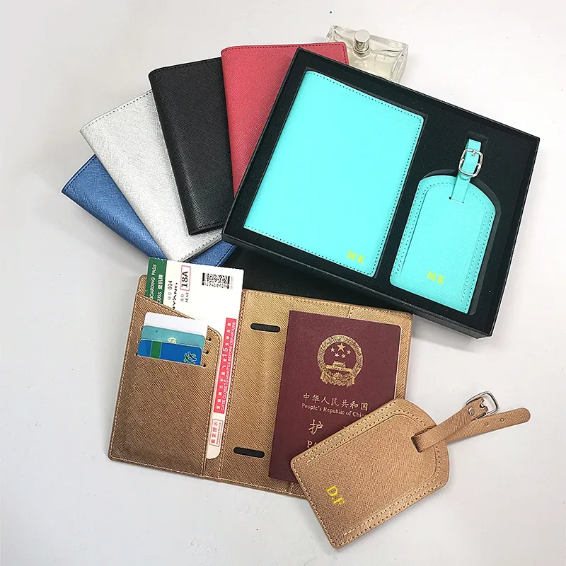 ensemble de couverture de passeport et d'étiquette de bagage en cuir pu de luxe avec boîte, porte-passeport personnalisé avec nom, étiquette de valise personnalisée, vente en gros, cadeau