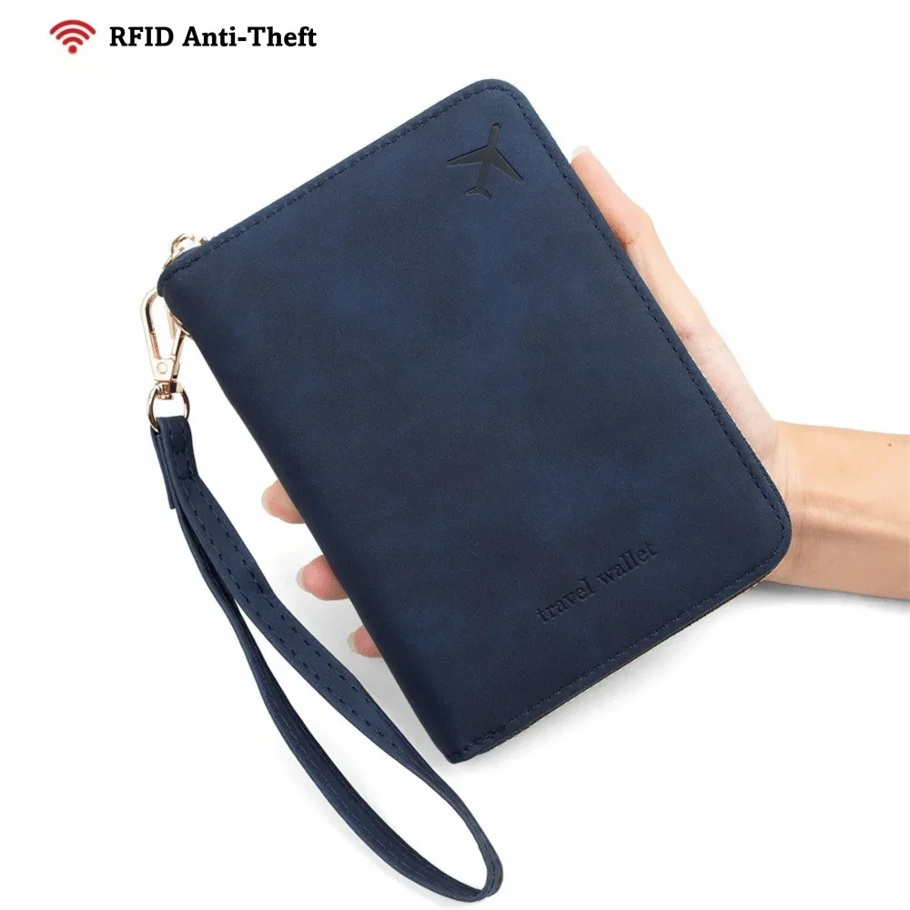 porte-passeport multifonctionnel en pu anti-rfid, couleur unie, avec fermeture éclair, porte-monnaie unisexe