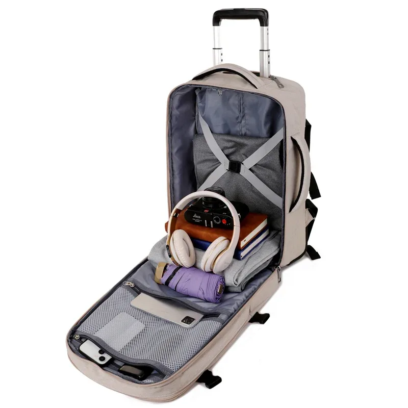sac à dos roulant bagage à main, sac à dos de voyage pour ordinateur portable avec roulettes pour hommes femmes, sac à dos à roulettes résistant à l'eau
