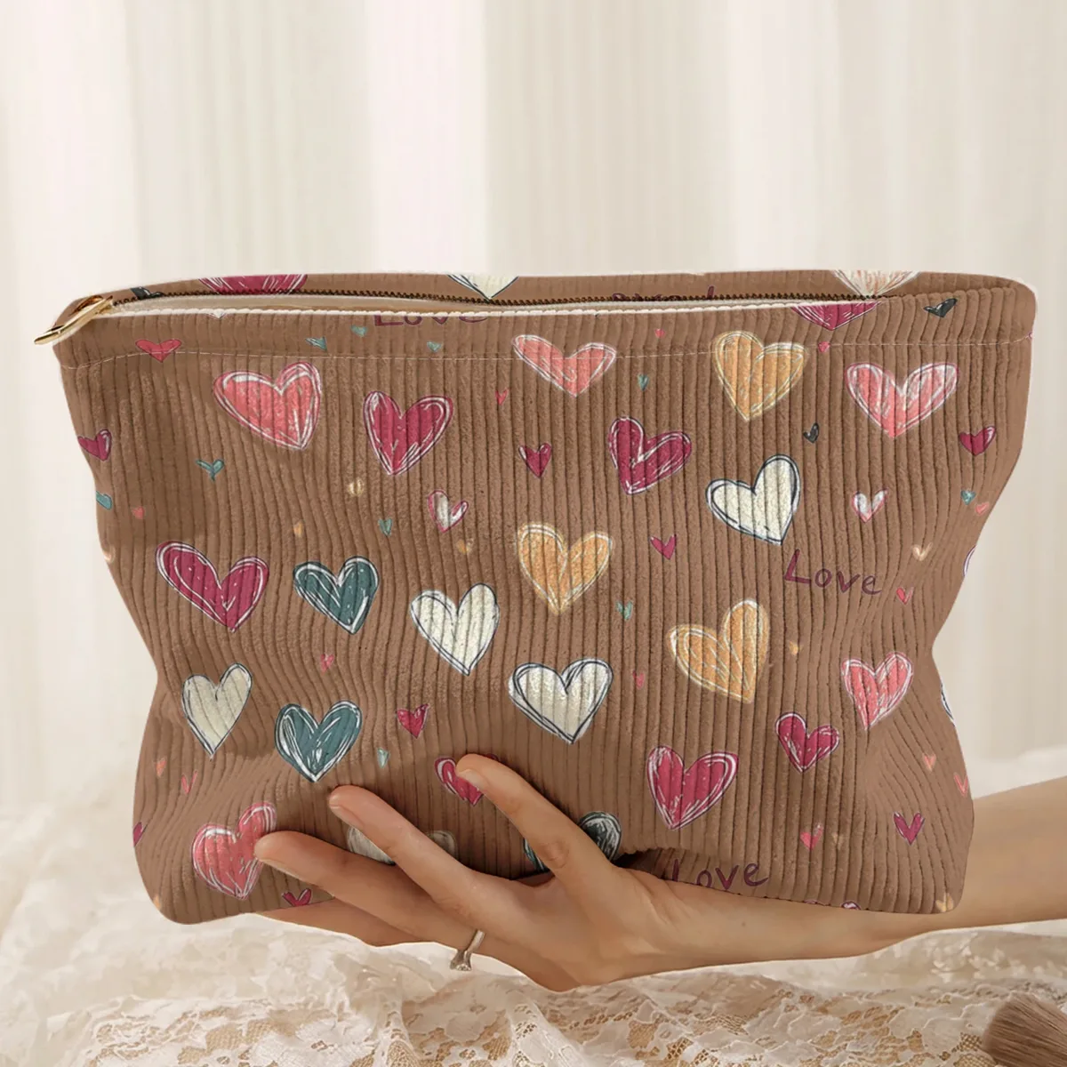 1 pièce, sac de rangement portable pour cosmétiques avec motif de cœur coloré, imprimé double face, sac de maquillage de voyage à fermeture éclair