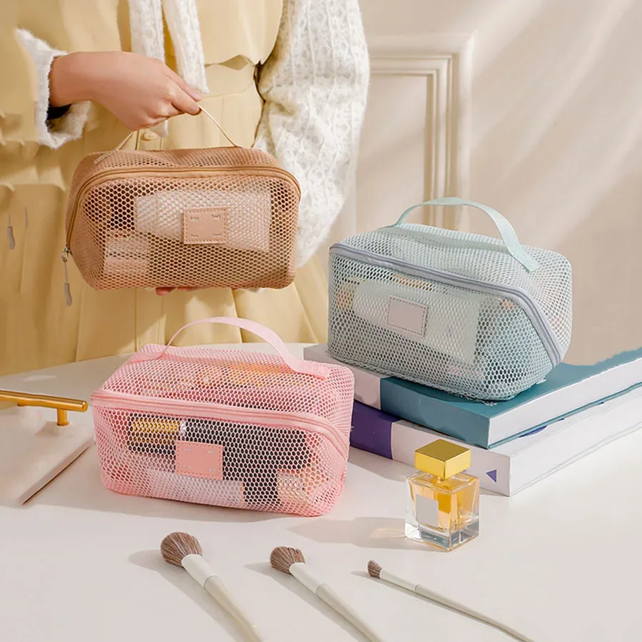 sac de maquillage à main en maille de grande capacité, fermeture éclair, multicouche, maille transparente, sac à cosmétiques, étui de rangement carré