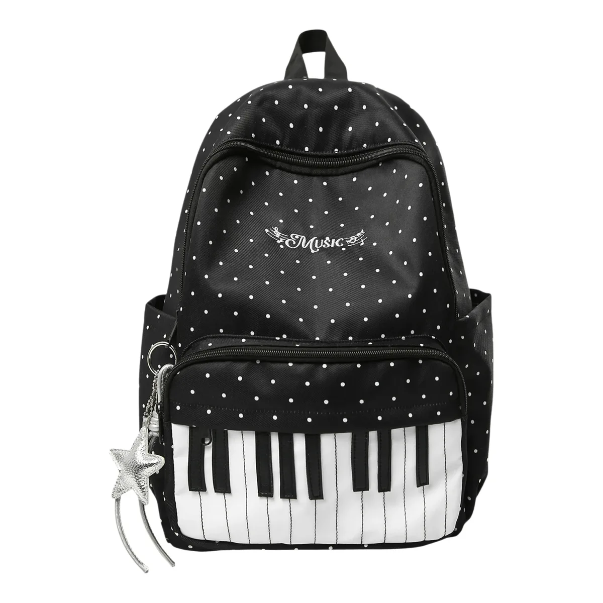 sac à dos décontracté en nylon de 16,9 pouces à pois avec motif clavier de piano et pendentif pour filles, idéal pour les voyages, le shopping et l'usage quotidien