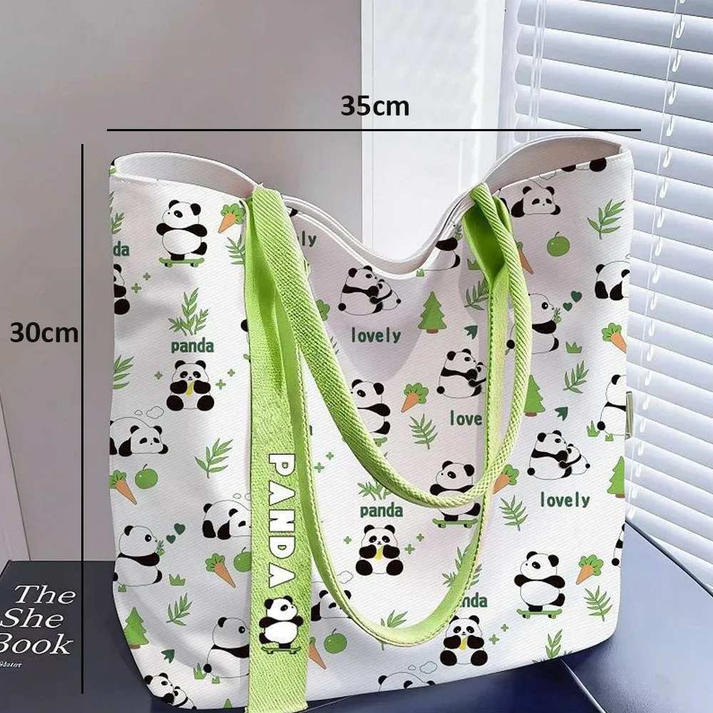 sac fourre-tout happy panda cartoon, sac en toile élégant et mignon, sac de transport polyvalent à épaule ouverte pour femmes