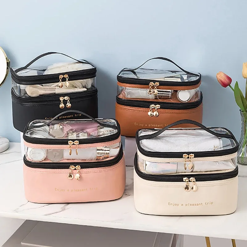 sac de toilette imperméable en pvc pour femme 2026, sac de voyage portable en cuir, grande capacité, organiseur de maquillage de voyage