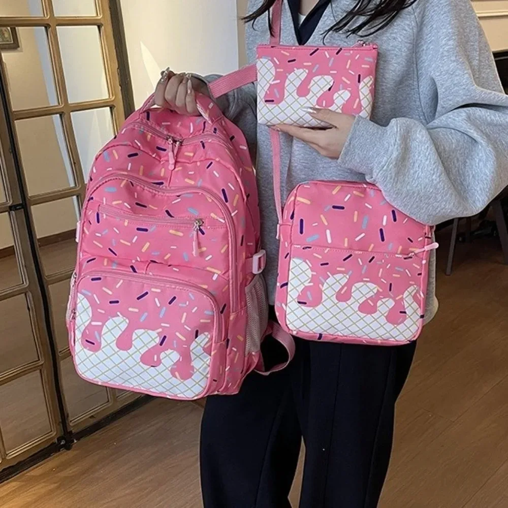 sac dos oxford imprimé glace vanille perles colorées rose bleue pochette poignée fermeture glissière usage etudiant scolaire sortie quotidienne