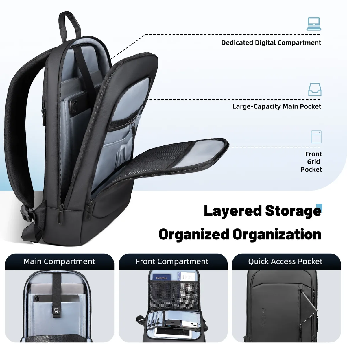 sac à dos pour ordinateur portable hk slim 15,6 pouces pour hommes, sac à dos d'affaires léger, antivol, étanche, sac de voyage pour l'école, sac pour hommes avec port usb