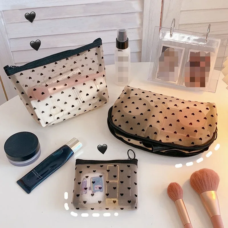 sac de maquillage en maille transparente en forme de cœur, pochette de rangement de cosmétiques portable multifonction pour femmes, sacs de rangement de rouge à lèvres de toilette pour dames