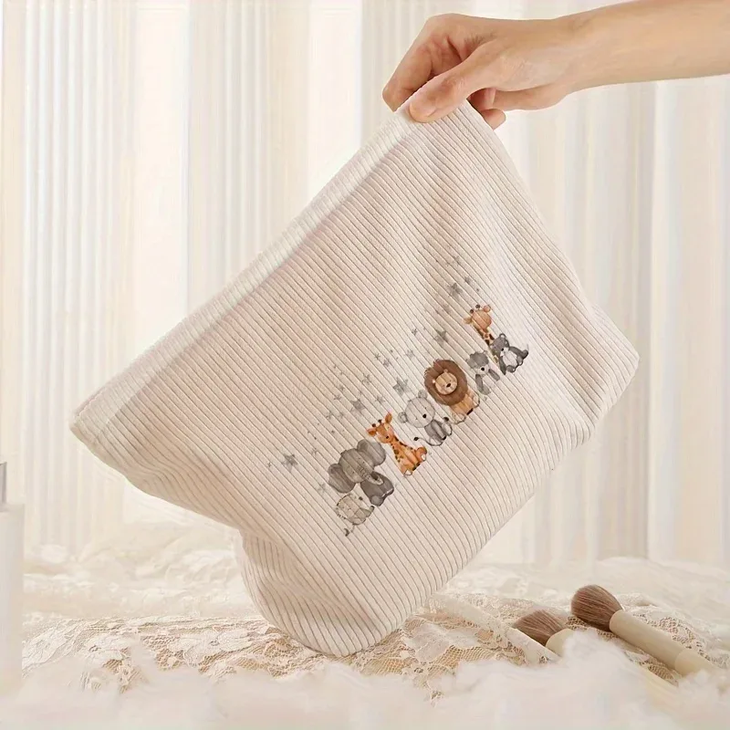 trousse de maquillage multifonctionnelle en velours côtelé imprimé motif petits animaux avec fermeture éclair et doublure, sac de rangement pour cosmétiques et articles de toilette
