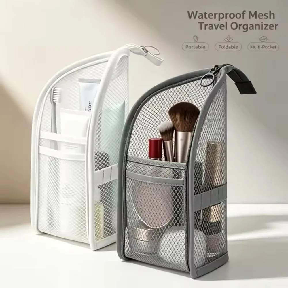 trousse de toilette de voyage en maille, organisateur portable pour brosse à dents et cosmétiques, pochette de rangement pour pinceaux de maquillage, trousse de lavage pour salle de bain