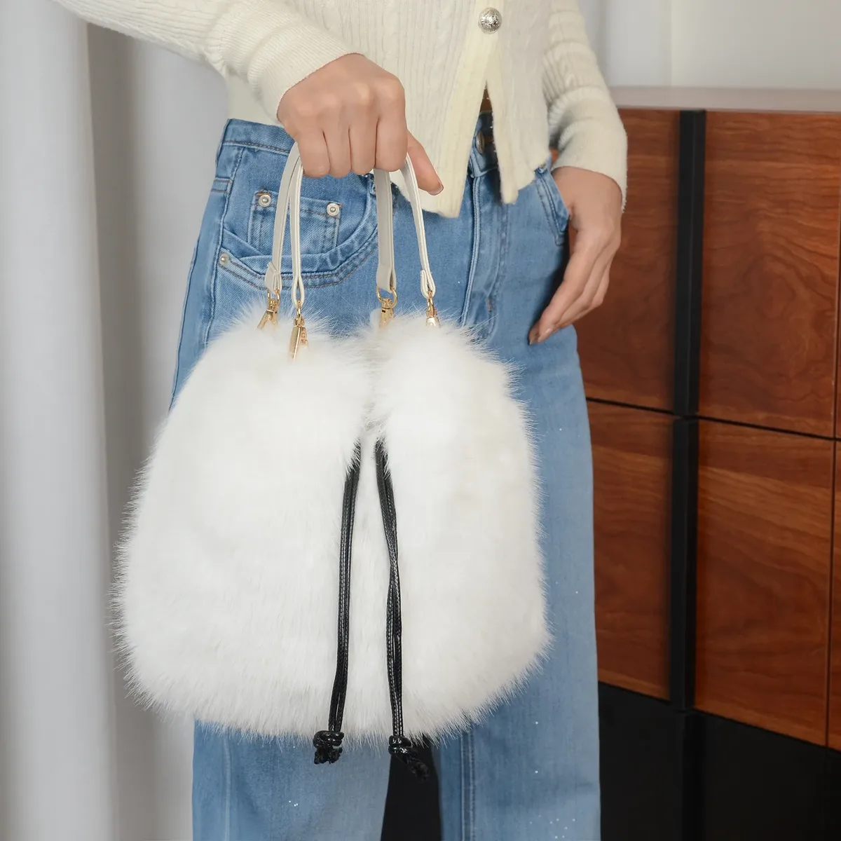 sac à main tendance en fausse fourrure pour femme, collection automne-hiver, sac seau de luxe, sac fourre-tout en fausse fourrure de raton laveur, sac à main haut de gamme