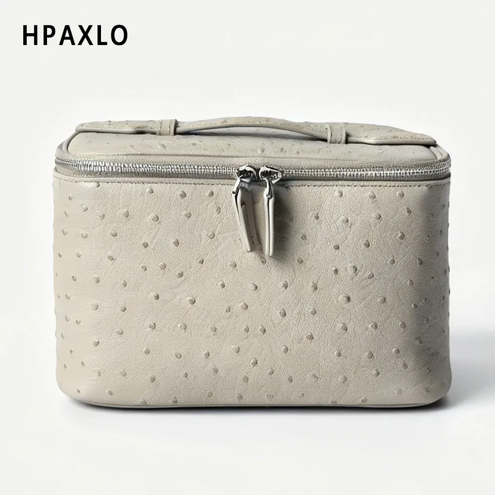 sac de toilette pour femme en cuir véritable à motif d'autruche, sac de voyage carré tendance, organiseur de cosmétiques, grand sac à cosmétiques, sac à main, neuf