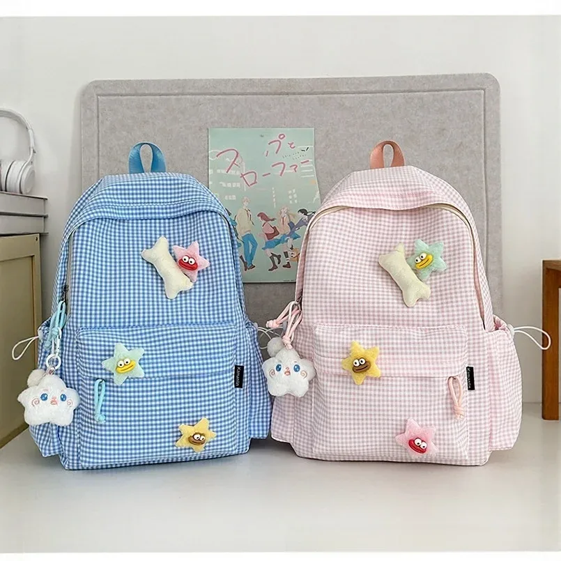 sac à dos décontracté à carreaux pour femme, style frais, en nylon, tendance urbaine, idéal pour les voyages et les loisirs, pour lycéennes